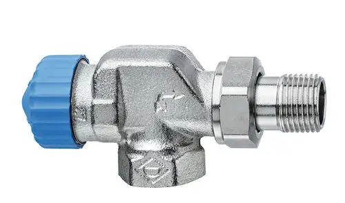 Thermostatventilunterteil mit niedrigem Widerstand, axialer Form, verchromt, von IMI Hydronic Engineering, mit blauem Griff und Metallanschlüssen.